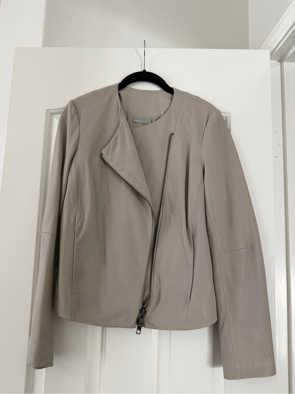 Vince Taupe Collarless Leather Moto Jacket